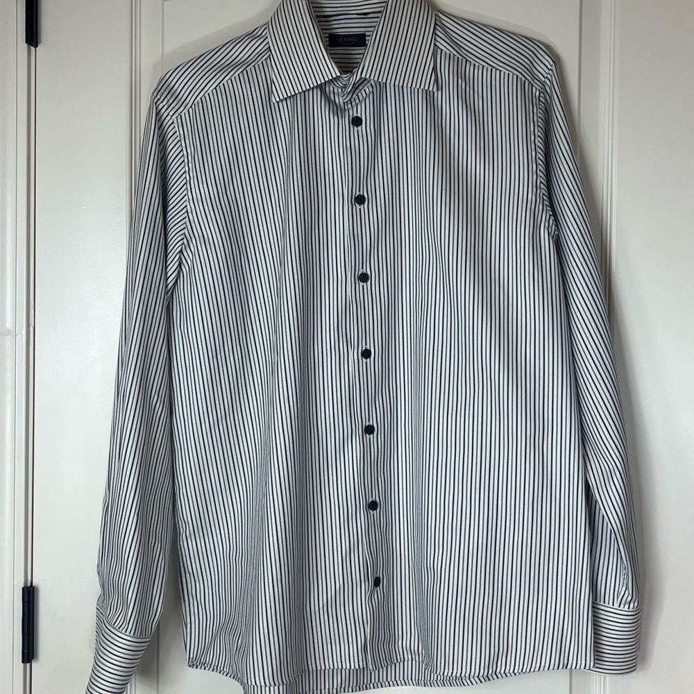 Eton Cream and Blue Dress Shirt Vertical Stripes